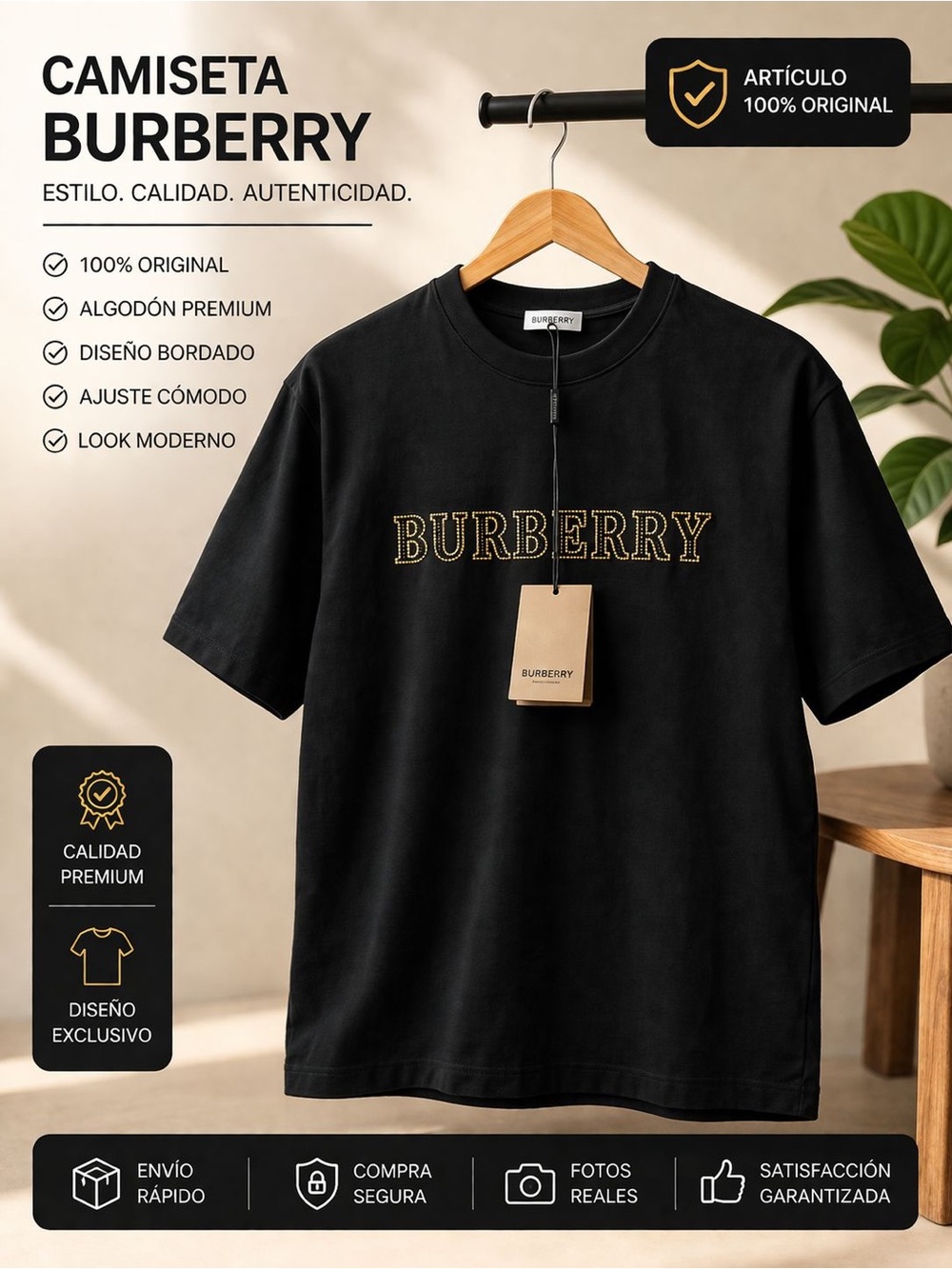 Burberry Black T-Shirt with Gold Embroidered Logo